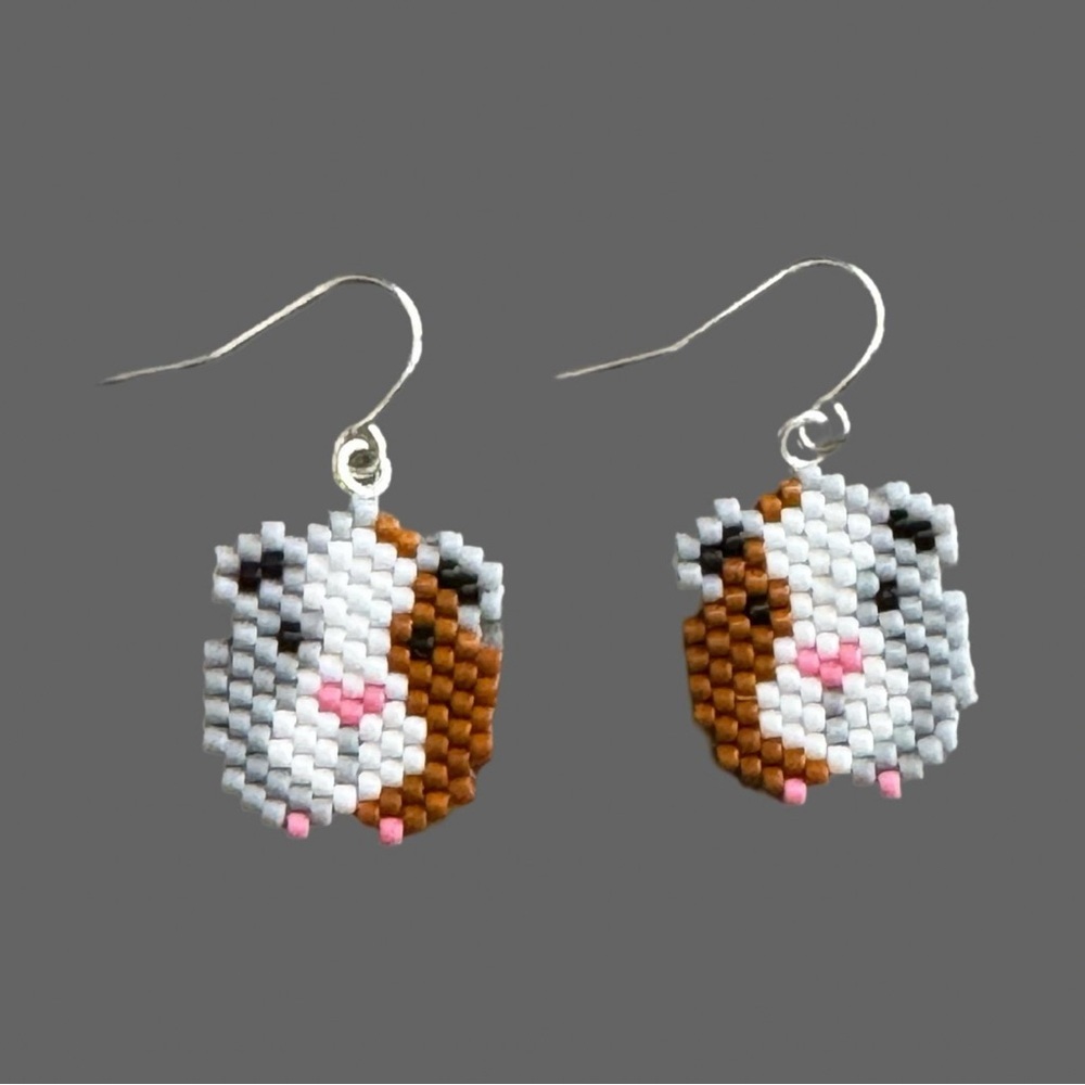 Hand crafted Guinea Pig Beaded Earrings - Brown and White